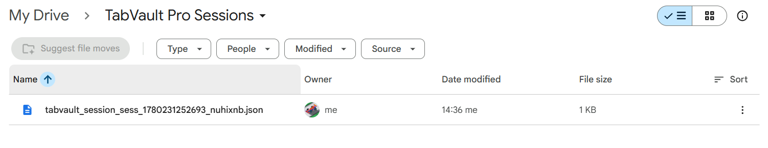 Google Drive folder showing saved JSON tab sessions