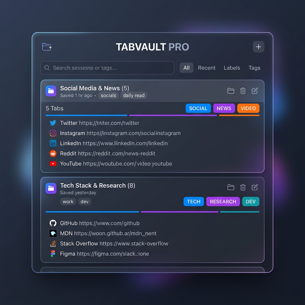 TabVault Pro interface showing saved sessions and tags